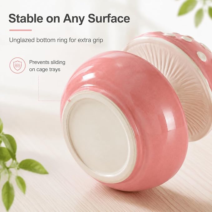 Ceramic Mushroom Bird Feeder No Mess, Spill Proof Bird Food and Water Bowl for Cage, Covered Dispenser for Parakeet, Budgie, Cockatiel, Lovebird, Hamster Accessories, 4.3" Tall