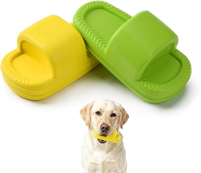 MECOOL Squeaky Slipper Dog Toy - Chew Toys for Aggressive Chewers, Durable Rubber Chew Toy for Dental Cleaning & Boredom Relief, for Small Medium Dogs, 2PCS Yellow and Green