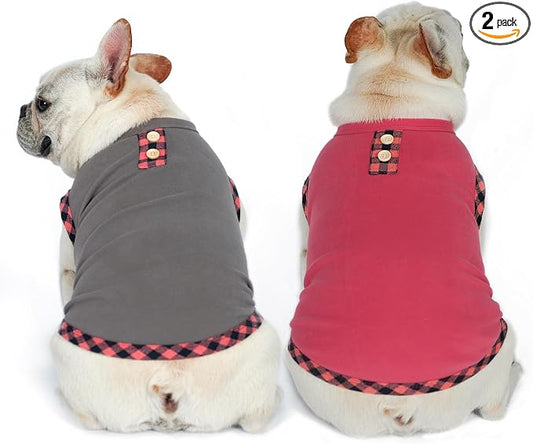 KYEESE Dog Shirt (2Pack Grey+Pink, Large) - Stretchy Velvet Pullover Vest, Lightweight Fleece, Sleeveless, Plaid Binding, Button Decoration, Breathable, Comfortable, for Small Dogs