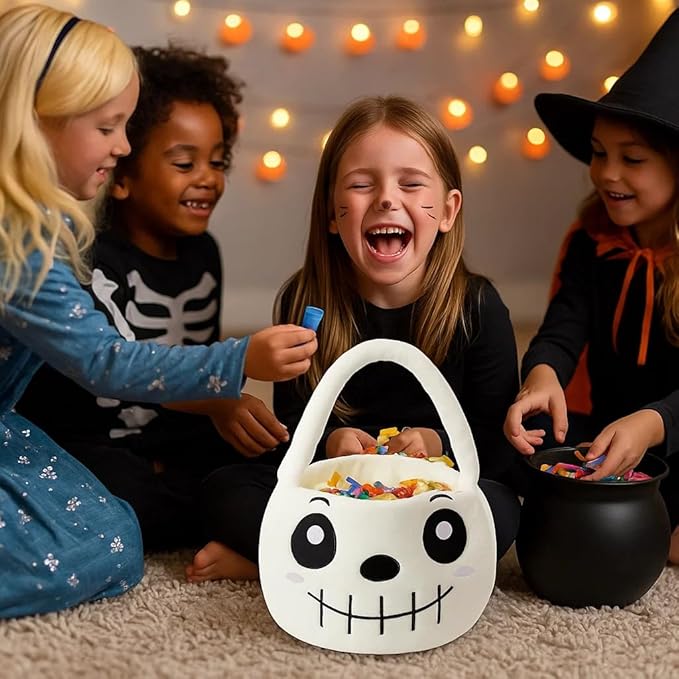 Halloween Plush Treat Basket, Halloween Candy Basket, Trick-or-Treat Bag(White Skull)