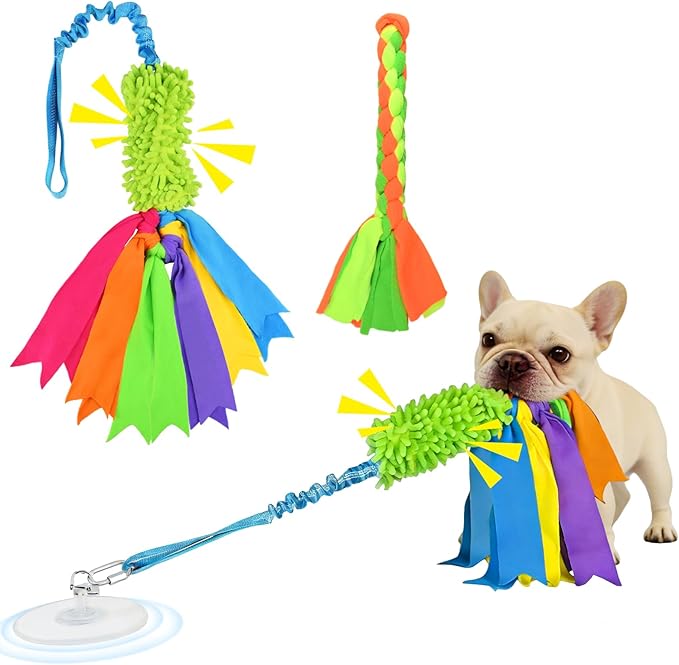 Suction Cup Dog Toys for Small Medium Dogs, Tug of War Rope Toy for Puppy Teething, Interactive Enrichment that Sticks to Floor for Indoor Play (2 Colorful Ropes)