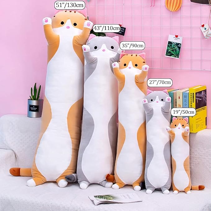 Oeonuas Cute Cat Plush Long Body Pillow Cuddle Cartoon Stuffed Animals Cat Plushie Soft Doll Pillows Gifts for Kids Girls(Gray, 27")