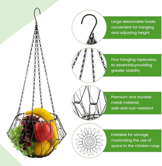 Hanging Chicken Feeder, 9.2 inches Large Poultry Vegetable Fruits Feeder Basket with 4Pcs Hanging Stainless Chain, Veggie Treat Ball for Chicken,Hens,Duck,Rabbit Coop(Size:1pc)