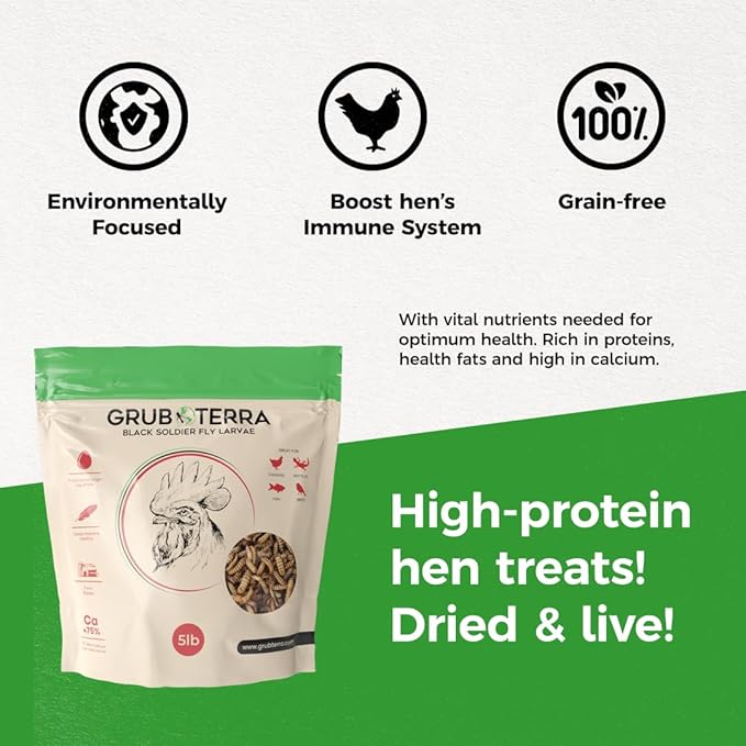 GrubTerra Black Soldier Fly Larvae for Chickens – Dried BSFL Poultry Treat, High Protein Calcium Feed Supplement for Laying Hens, Backyard Chickens, Sourced from Mexico, Not from China - 5LB
