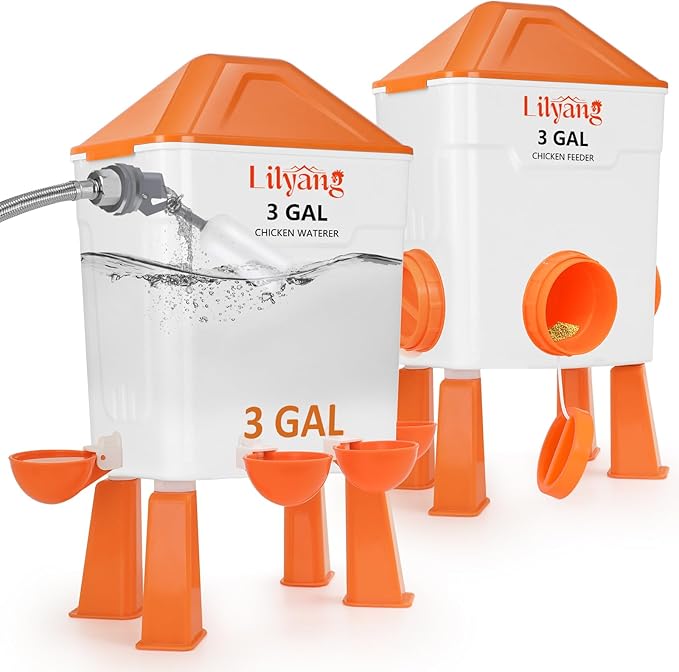 Lilyang Automatic Chicken Waterer & Feeder 3 Gallon, Auto-Refill Chicken Waterer with Float Valve, Anti-Spill Feeder & Leak-Proof Cups, End Daily Refilling & Mess, Standing or Hanging Use
