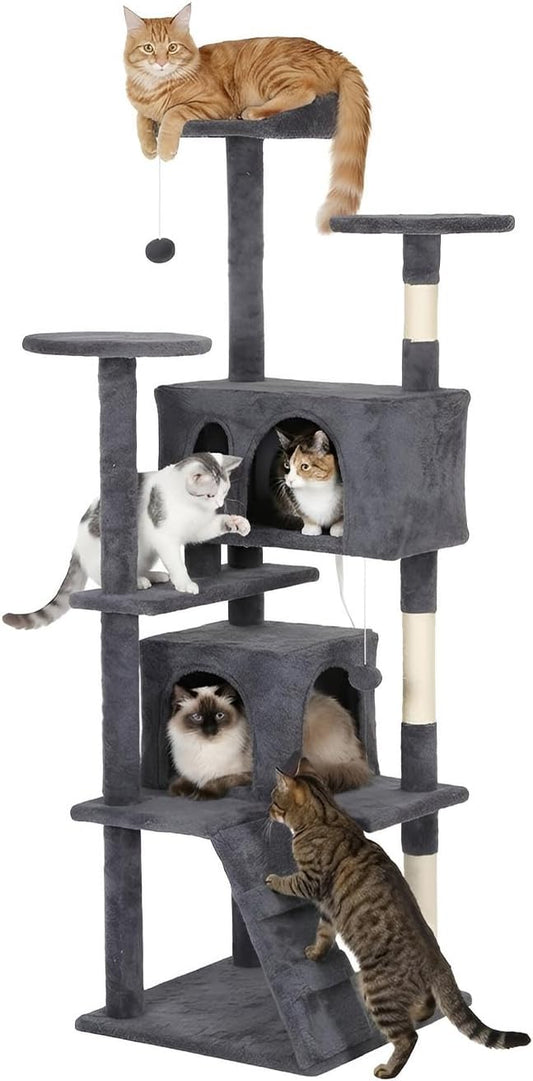 PayLessHere Cat Tree 62in Cat Tower with Cat Scratching Post,Multi-Level Cat Condo Stand House Furniture Kitty Activity Center with Furry Ball Toys Cat Tree for Indoor Cats,Dark Gray