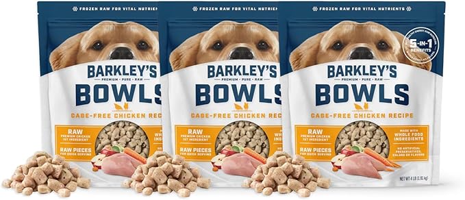 Barkley’s Bowls, Frozen Raw Chicken Dog Food, Fresh Whole Food Ingredients, Cage-Free Chicken, Grain Free, Dog Food Toppers, Human Grade Ingredients, All Dog Breeds, Ages, & Sizes, 4 lb Bag (3 Pack)