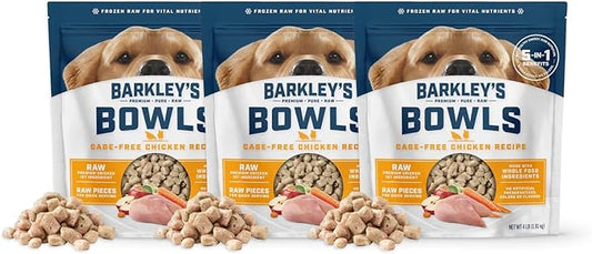 Barkley’s Bowls, Frozen Raw Chicken Dog Food, Fresh Whole Food Ingredients, Cage-Free Chicken, Grain Free, Dog Food Toppers, Human Grade Ingredients, All Dog Breeds, Ages, & Sizes, 4 lb Bag (3 Pack)