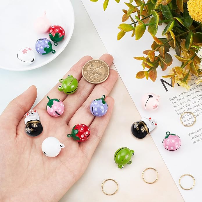 CHGCRAFT 14Pcs 7 Styles Pet Collar Bells Brass Cherry Panda Frog Strawberry Charm Cat Collar Bell Pet Pendant Accessories with Stainless Steel Double Loops Jump Rings for Potty Training