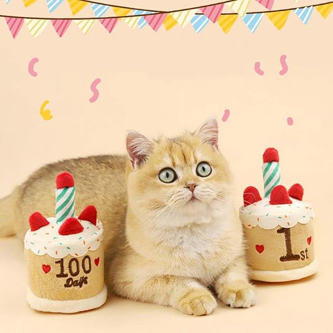 Cat Birthday Toy Kitten Cake with Birthday Hat Puppy Dog Plush Gift for Small Medium Pet (100 Day)