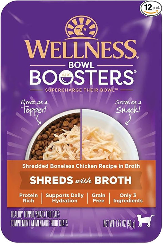 Wellness Bowl Boosters Shreds with Broth Wet Cat Food Topper, Grain Free, Natural, Chicken Recipe, 1.75 oz, Pack of 12 Pouches