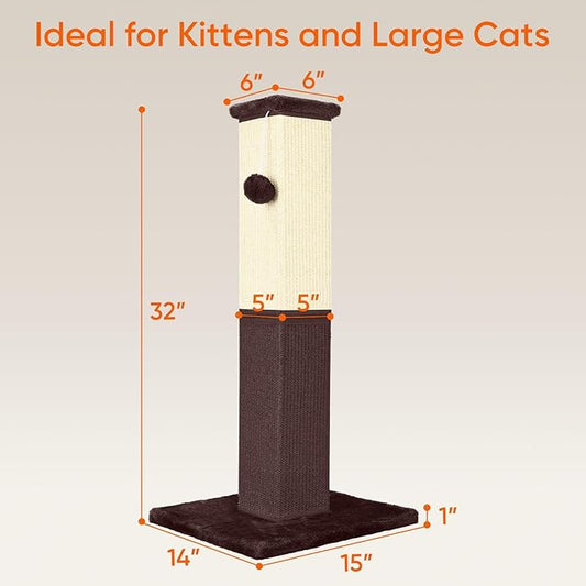 Cat Scratching Post, 32 Inch Cat Scratching Post for Large Cats, Cat Scratcher with Nature Sisal, Cat Scratch Post for Indoor Large Cats and Kitten, Brown