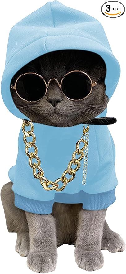 QWINEE 3Pcs Dog Hoodie Cat Apparel Dog Custume Set with Necklace and Sunglasses Pet Clothes for Puppy Small Medium Dogs Cats Light Blue Small