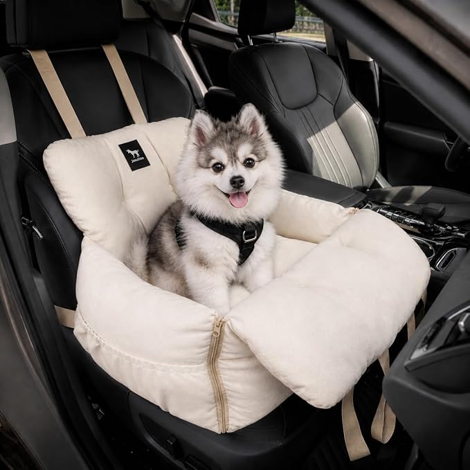 JACKO & CO Premium Dog Car Seat – Safe & Cozy Travel Bed Carrier for Small Dogs, Puppies, Pets, Clip-On Leash, Storage Pockets, Water-Resistant, Machine Wash (Beige, Removable - Small (1-25lbs))