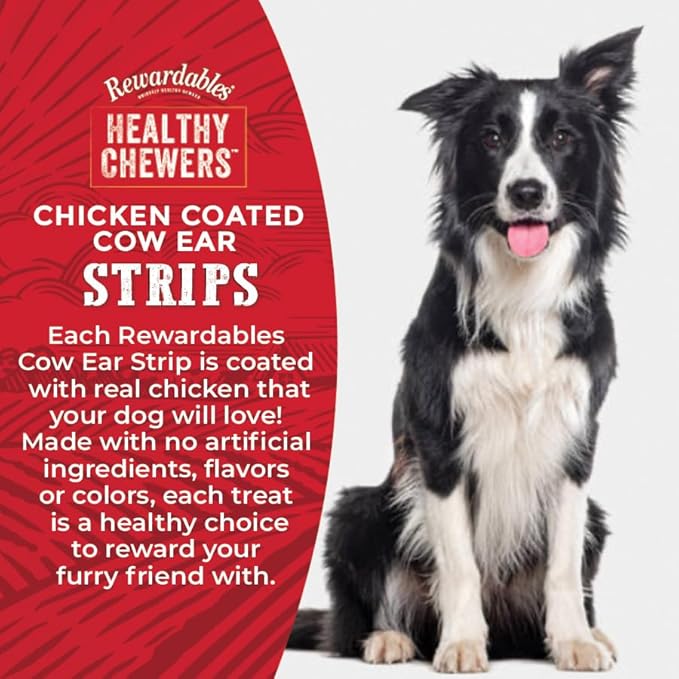 Rewardables Chicken Coated Cow Ear Strips for Dogs — Natural Long Lasting Dog Chews, No Artificial Flavors or Colors, 1 lb Bag — Satisfying for Moderate to Aggressive Chewers