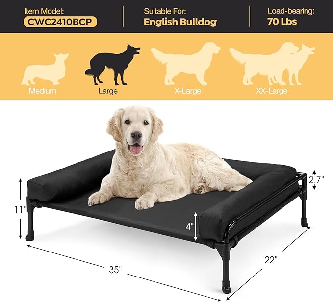 Veehoo Elevated Raised Dog Bed-Cooling Outdoor Dog Cot Bed for Large Sized Dogs Three-Sided Fence Raised Pet Cot with Mesh & No-Slip Feet Dog Hammock Bed with Removable Bolster-35 x 22" Black