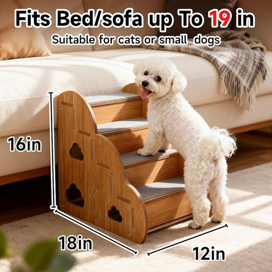 Small Dog Steps for Bed, Wooden Cat Stairs for Old Cats, Pet cat Steps for Couch Sofa Windows,4-Step Ladder,18" L x 12" W x 16" H,Suitable for Height 16-19in