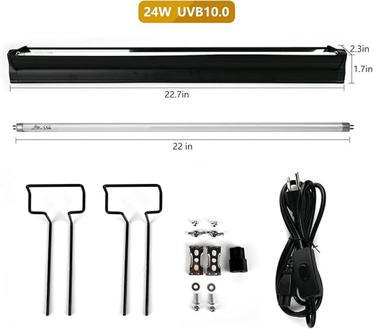 T5 UVB Lighting Combo Kit for Reptiles,24W Light Fixture with Desert 10.0 T5 UVB Light Bulbs Terrarium Hood Heat Lamp for Breaded Dragon,Turtle,Frog,Lizard,Tortoise,Gecko,Snake