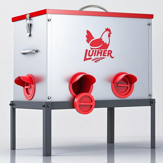 LUIHER Chicken Food Dispenser 40lb 6 Ports Large Capacity Galvanized Metal Poultry Feeder with Legs and Lids - Reduces Refilling Frequency - No Waste Chicken Feeding Equipment for Hen Coop