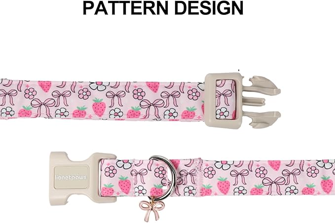 Lionet Paws Spring Dog Collar- Cute Strawberry Pink Dogs Collar with Plastic Buckle and Bowtie Pendant,Dog Collar for Medium Dogs