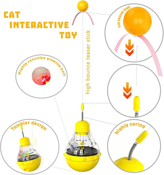 Cat Interactive Toy, Slow Food Dispenser Feeder, Tumbler Design with Teaser Wand & Glowing Ball, Funny Kitten Treats for Indoor Cats Exercise and Boredom Relief (Yellow)