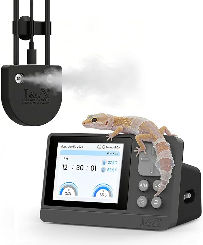 J&A Automatic Reptile Fogger Humidifier Temp Humidity Controller Terrarium | New-Gen Reptile Mister with Programmable Timer & Thermo-Hygrometer for Lizard, Snake, Jumping Spider Tanks, Grey & Black