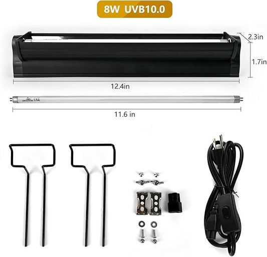 T5 UVB Lighting Combo Kit for Reptiles,8W Light Fixture with Desert 10.0 T5 UVB Light Bulbs Terrarium Hood Heat Lamp for Breaded Dragon,Turtle,Frog,Lizard,Tortoise,Gecko,Snake