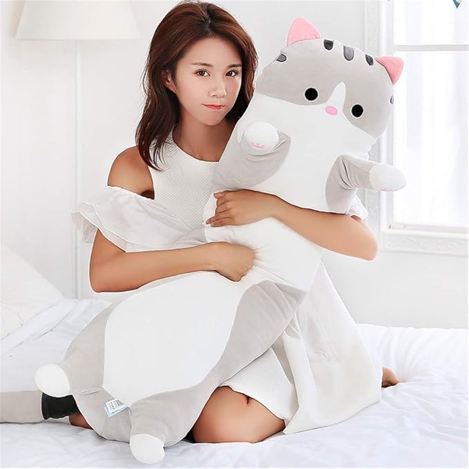 shangman Lovely Plush Cat Doll Cute Cartoon Soft Stuffed Kitten Pillow Long Throw Sleeping Pillow Doll Toy Gift for Kids Girlfriend Multiple Size (Grey,110cm/43.3in)