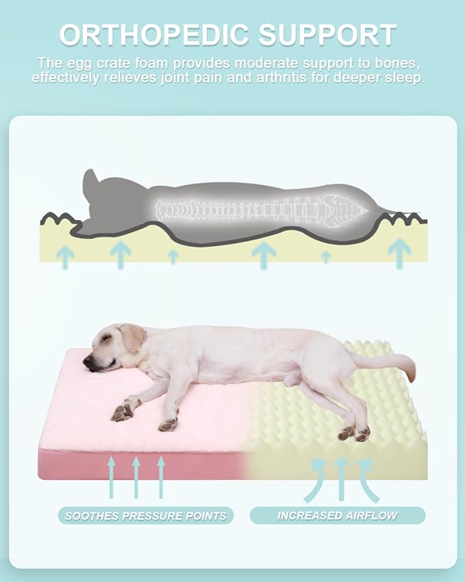 KSIIA Orthopedic Dog Bed - Waterproof & Washable with Removable Cover, Deluxe Plush Egg Crate Foam Design for Large Dogs, 41x27 Inch Pink Dog Crate Bed
