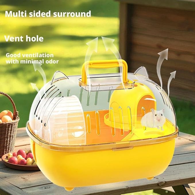 Portable Hamster Cage – 11" Cat Ear Shape Small Animal Habitat with Exercise Wheel, Water Bottle, Hideout House & Platform, Transparent Carrier for Hamsters, Gerbils, Mice
