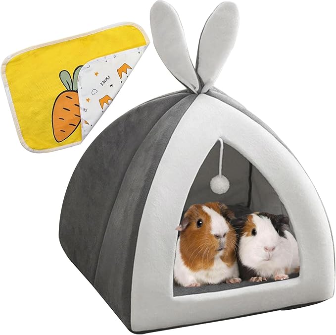 Guinea Pig Bed,Fleece Bunny Hideout House,Warm Rabbit Sleeping Bed with Pee Pad,Winter Large Hiding Hut for Hamster Ferret Rat Chinchilla Hedgehogs,Grey