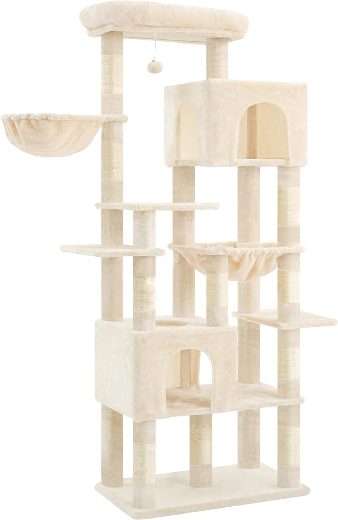 Heybly Cat Tree, 76-Inch Tall Heavy Duty Cat Tower for Big Cats with Extra Wide Baseboard, Multi-Level Large Cat Furniture with 2 Condos & 2 Hammocks, 10 Scratching Posts, Beige HCT039M