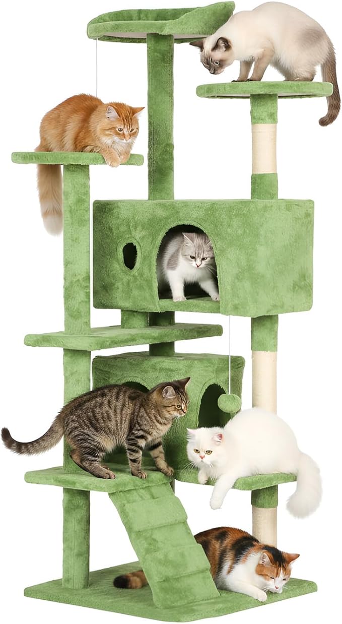 PayLessHere Cat Tree 54in Cat Tower with Cat Scratching Post,Multi-Level Cat Condo Stand House Furniture Kitty Activity Center with Furry Ball Toys Cat Tree for Indoor Cats,Green