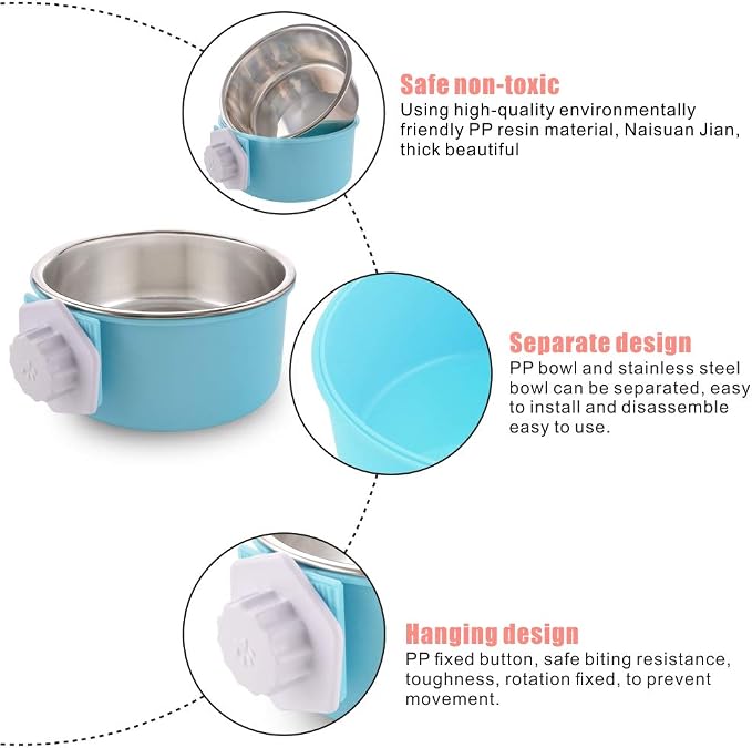 Crate Dog Bowl, Water Food Bowls for Dog Kennel Cage, Removable Stainless Steel Hanging Pet Bowl for Dogs, Cats, Puppies (Small, Grass Blue)