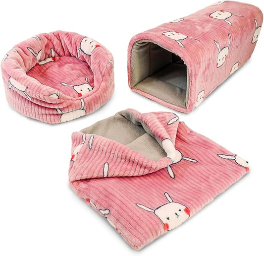 GuineaDad Guinea Pig Hideout & Tunnel Set – Plush Enrichment Toys and Accessories for Guinea Pigs – Soft Small Animal Hideaway, Tunnel, and Hiding Hut – Indoor Play for Cage or Enclosure (Pink)