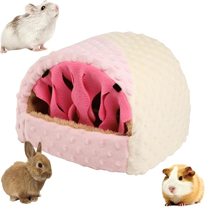 Warm Plush Guinea Pig Hut Habitat Hedgehog Hideout Rat House for Small Animal Rabbit,Washable Chinchilla Hamster Bed Cozy Nest Cage Accessories (Pink,Large)