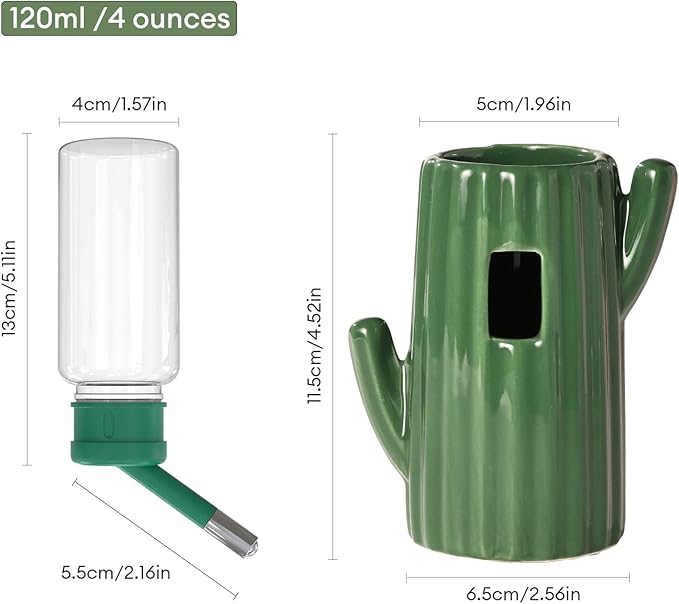 BUCATSTATE Cactus Ceramic Leakproof Hamster Water Bottle Gerbils Water Bottles with Holder Water Feeder for Small Animals (Green)