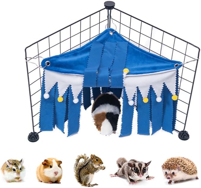 OMEM Guinea Pig Corner Hideout Fringed Triangle House with Hidden Hammock Tent for Hamster Rabbit Small Pet Habitat Décor (Blue)