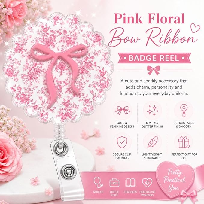 Cute Girly Pink Floral Bow Ribbon Badge Reel for Nurse Women Office Teacher Medic Worker Princess Aesthetic Decorative Sparkly Glitter Retractable ID Holder Clip Pretty Flower Design Gifts Accessories