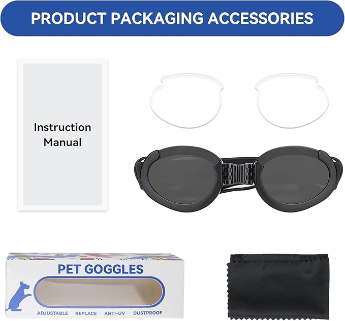 Dog Goggles Medium Breeds, Clear UV Protection Dog Sunglasses with Black Replaceable Lenses, Adjustable Doggy Glasses for Outdoor Activities Hiking/Camping Windproof Pet Eyewear