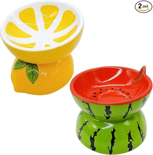 Hamiledyi Ceramic Raised Cat Bowl 2PCS Anti Vomiting Elevated Tilted Cat Food & Water Bowls Pet Feeder Dish for Indoor Kitty and Small Dogs (Watermelon & Lemon)