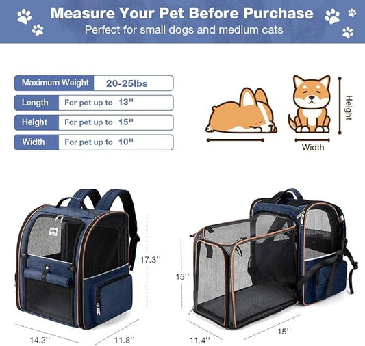Extra Large Cat Backpack Carrier Expandable Pet Carrier Backpack for Small Dogs Medium Cats Fit Up to 18 Lbs, Dog Backpack Carrier, Foldable Puppy Backpack Carrier for Travel, Hiking,Blue