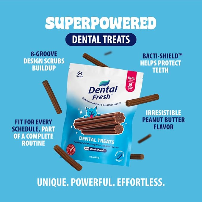 Dental Fresh Dental Treats for Medium Dogs, Vet-Formulated Teeth Cleaning Dental Sticks to Help Reduce Plaque and Tartar and Freshen Breath, 26 Count Brush Free Dental Chews for Dogs 26 to 49 lbs