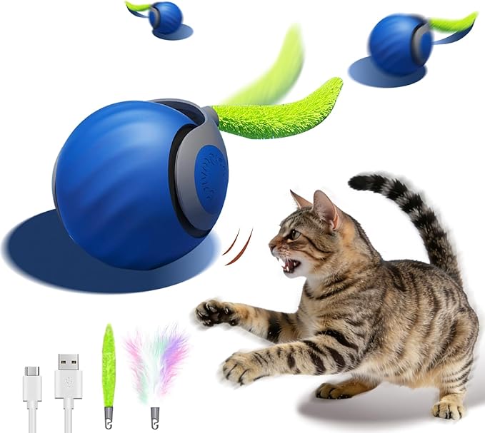 Interactive Cat Toy Ball - Automatic Interactive Cat Toys for Indoor Cats, Rechargeable 2 Speeds Enrichment Toys with 2 Tails, 2026 New Smart Rolling Toy for Small/Medium/Large Cats to Keep Busy