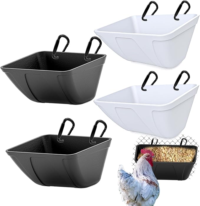 mozoba Hanging Chicken Feeder Trough for Goat Sheep Deer Poultry Duck Chicken Fence Feeder Livestock Feeding Container Goats Supplies Feeders Waterer Bucket (Black and White)