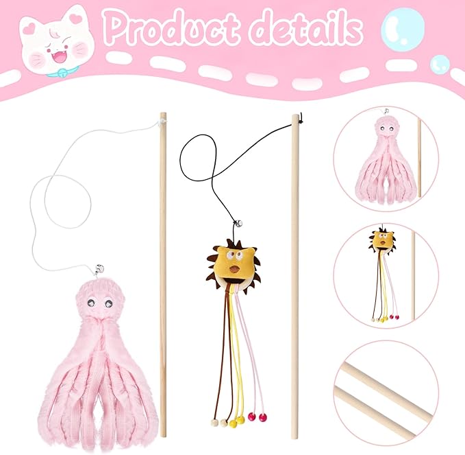 2-Pack Cat Toy Wand Set: Interactive Cat Teaser Wands with Bells and Streamers to Engage Your Cat’s Natural Instincts (Dog and Octopus)