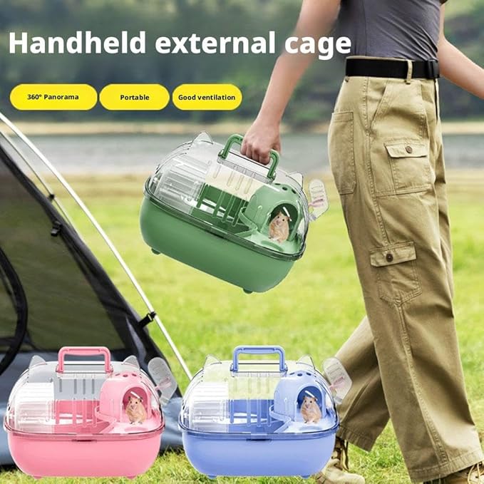 Portable Hamster Cage – 11" Cat Ear Shape Small Animal Habitat with Exercise Wheel, Water Bottle, Hideout House & Platform, Transparent Carrier for Hamsters, Gerbils, Mice
