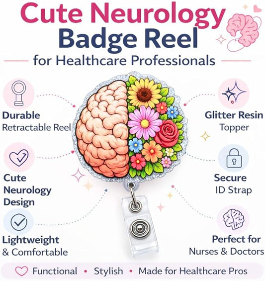 Floral Brain Badge Reel Anatomy Cancer Mental Health MRI Medical Hospital Accessories Name Holder with Retractable Clip Gift for Neuro Nurse Neurology Neurologist CNA RN Psychologists Psychiatrists