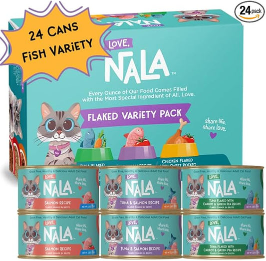 LOVE, NALA - FLAKED Fish Variety Pack - 24 Pack - Natural Adult Cat Wet Food - Grain Free, Non-GMO, Lean Protein, Omega 3, Added Minerals & Vitamins