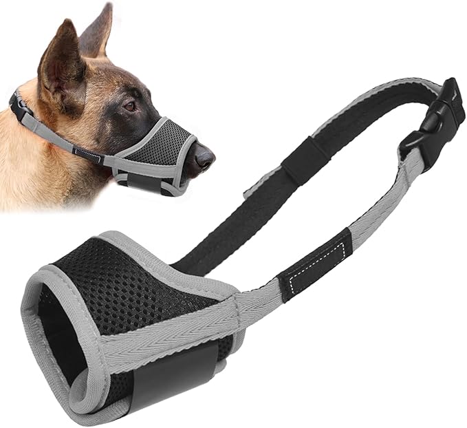 LUCKYPAW Dog Muzzle Anti Biting Barking and Chewing with Comfortable Mesh Soft Fabric and Adjustable Strap, Suitable for Small, Medium and Large Dogs(Grey Trim,XL)